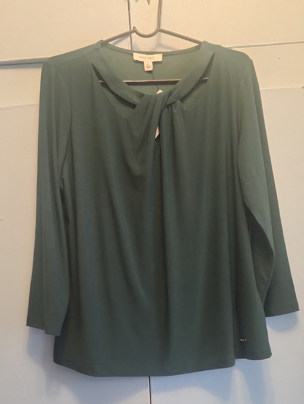 Nine West Teal Green Tie-Detail Long Sleeve Blouse